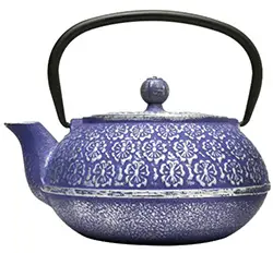 A blue cast iron kettle