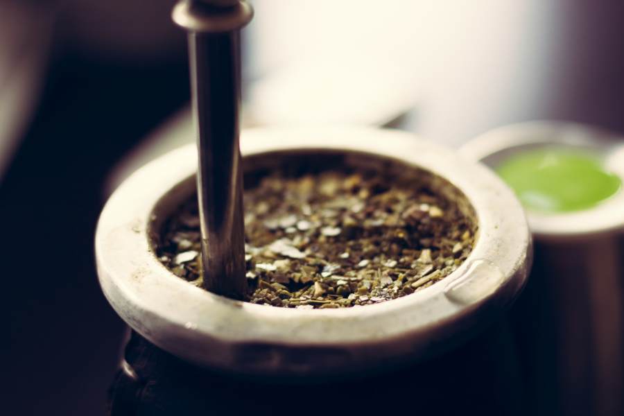 Selective focus of cup filled with yerba mate