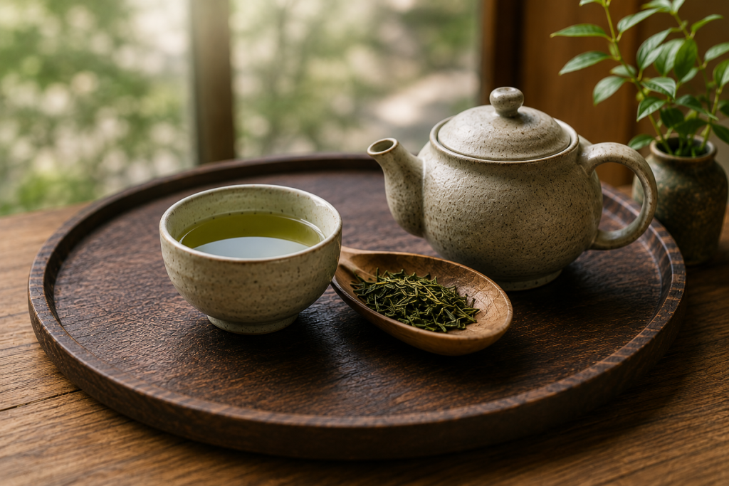 Tray with fresh green tea and tea pot