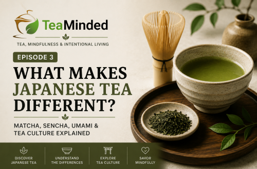 Japanese green tea setup with matcha, sencha, and ceramic tea ware