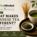 Japanese green tea setup with matcha, sencha, and ceramic tea ware