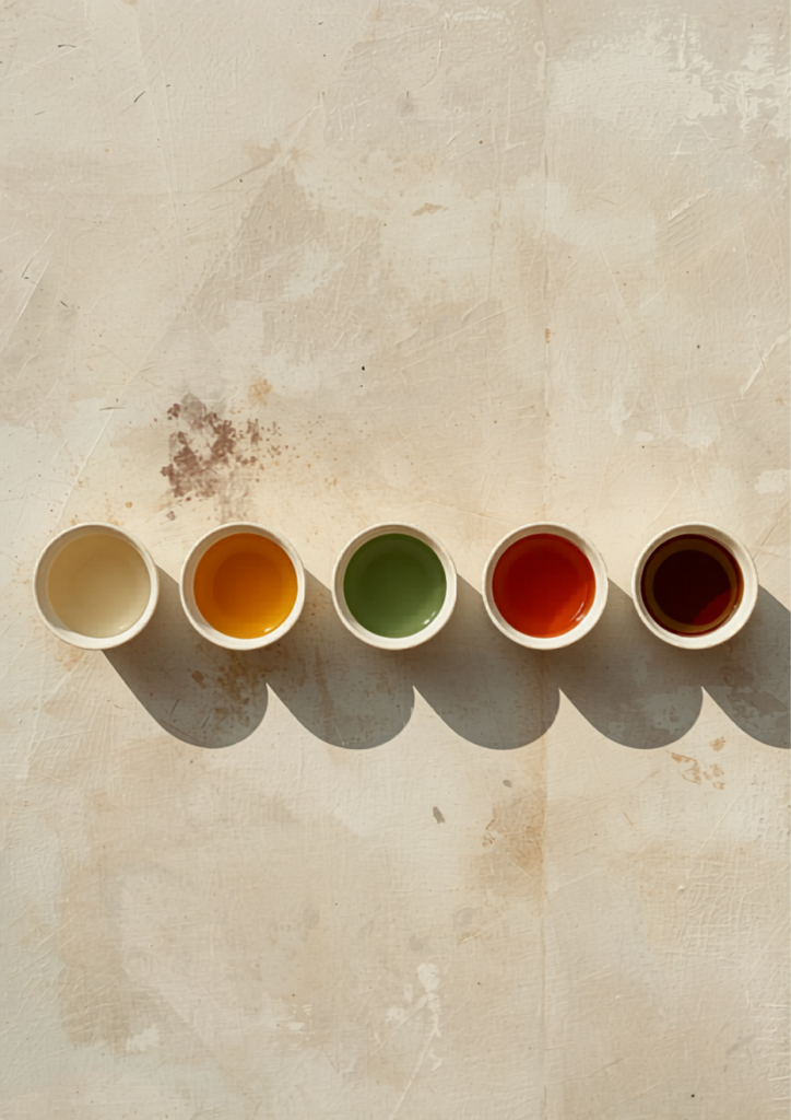 Six types of tea in ceramic cups arranged by color from white tea to pu erh, showing the oxidation spectrum