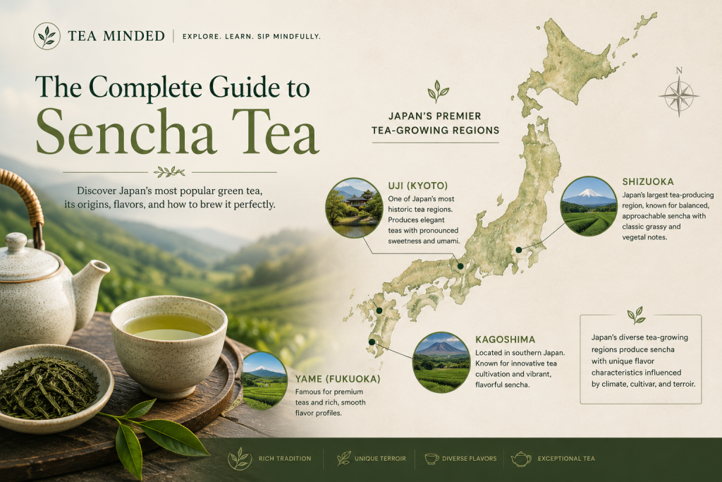 Japanese sencha tea leaves and brewed sencha tea representing traditional green tea production regions in Japan.