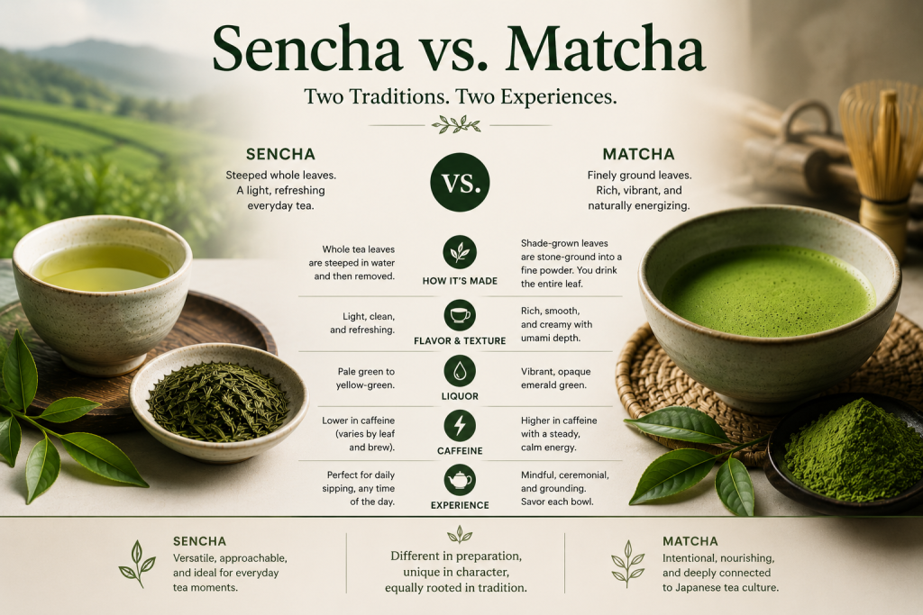 Sencha vs matcha comparison showing brewed sencha tea, loose sencha leaves, matcha tea, matcha powder, and key differences in preparation, flavor, texture, caffeine, and tea-drinking experience.