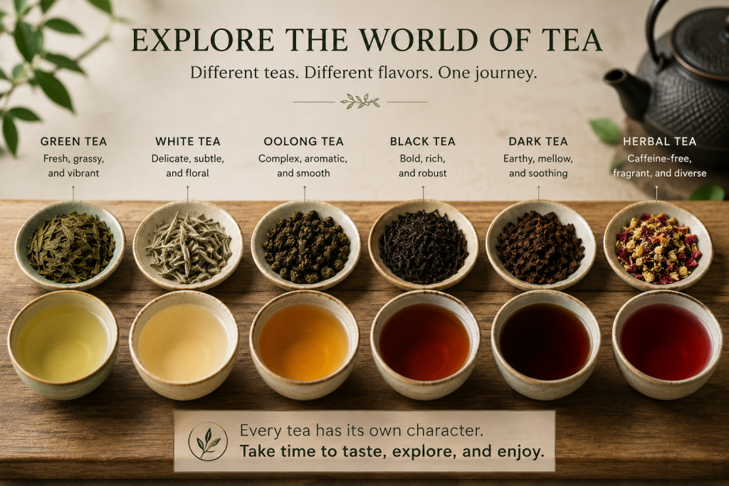 A side-by-side tea tasting featuring green tea, white tea, oolong tea, black tea, pu-erh tea, and herbal tea, illustrating the diversity of flavors, aromas, colors, and processing methods found across the world of tea.