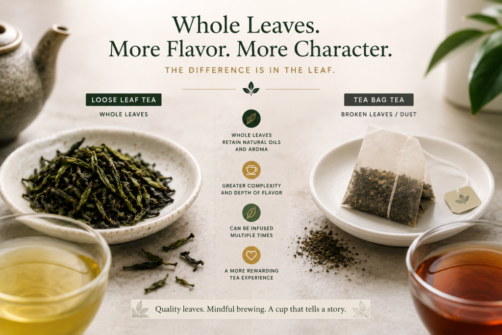 Loose leaf tea displayed beside brewed tea showing the difference between whole leaf tea and conventional tea bag tea.