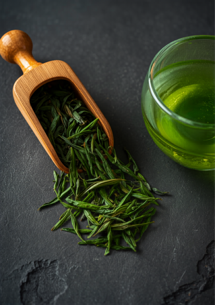 Japanese green tea loose leaves with a brewed cup of sencha showing the bright green liquor