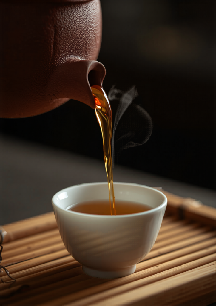 Gongfu oolong tea being poured from a Yixing clay teapot into a small ceramic cup on a bamboo tea tray