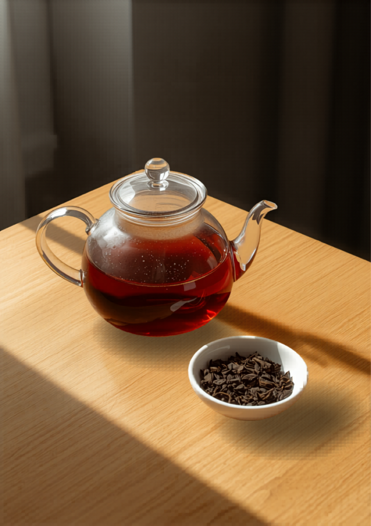 Brewed black tea in a glass teapot showing deep amber liquor with loose leaf Darjeeling tea beside it