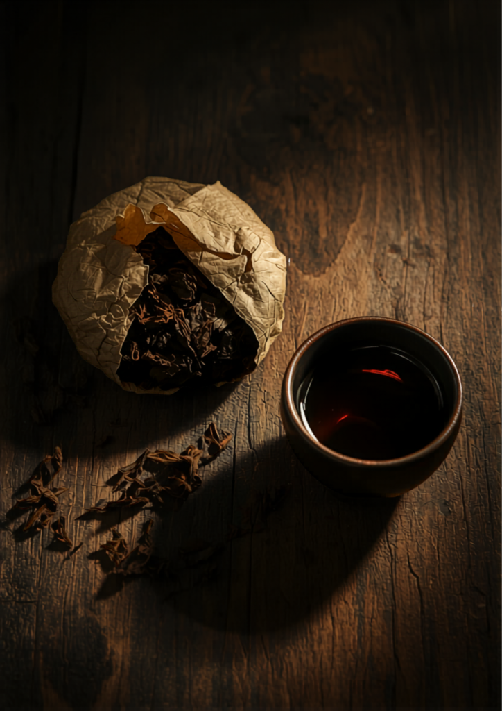 Compressed pu erh tea cake unwrapped beside a dark brewed cup of shou pu erh tea