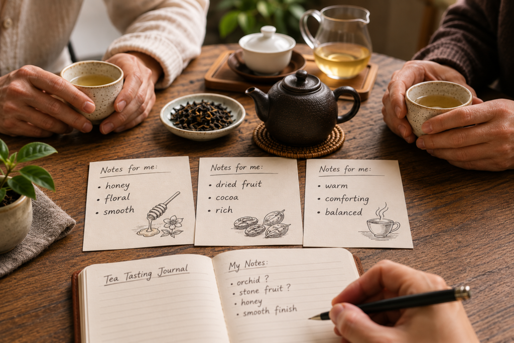ea tasting scene showing different people enjoying the same loose leaf tea and recording individual tasting notes such as honey, dried fruit, floral, and comforting.