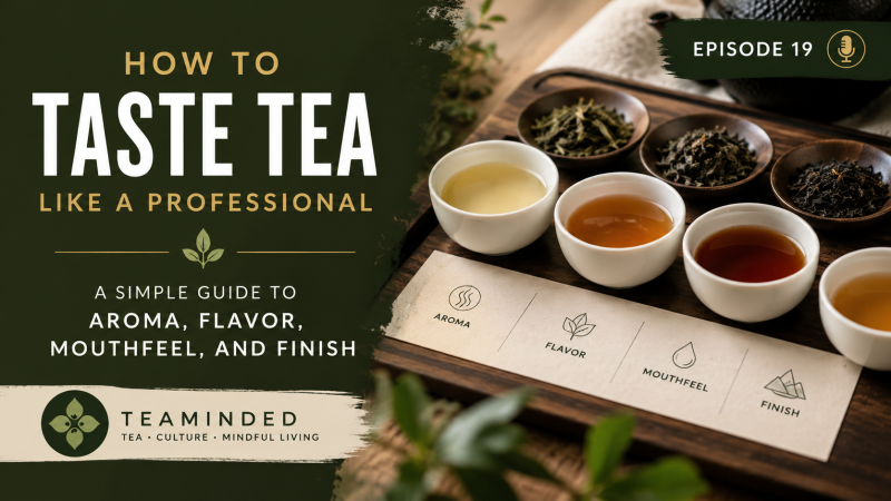 ea tasting scene with people drinking the same loose leaf tea and recording different flavor impressions, illustrating how individual tasting notes can vary.