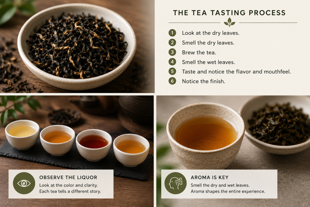 Tea tasting collage showing loose leaf teas, brewed tea samples, tea aroma evaluation, a tea tasting journal, and traditional teaware.