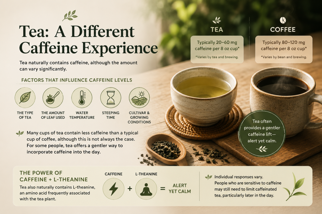 Infographic comparing tea and coffee caffeine levels, showing factors that influence caffeine in tea and explaining how caffeine and L-theanine may provide an alert yet calm experience.
