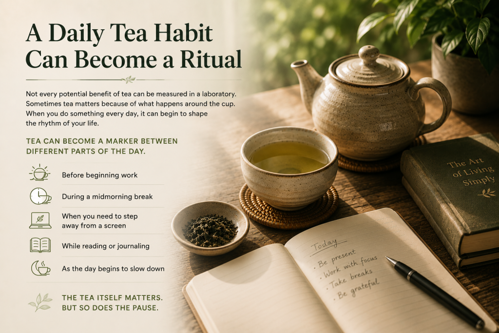 Daily tea ritual with a teapot, cup of loose leaf tea, books, and journal, illustrating tea breaks throughout the day for work, reading, reflection, and relaxation.