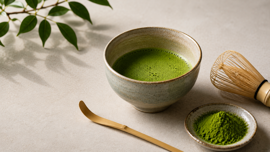 Bowl of vibrant green matcha with bamboo whisk, matcha scoop, and finely ground matcha powder, illustrating traditional Japanese matcha preparation.