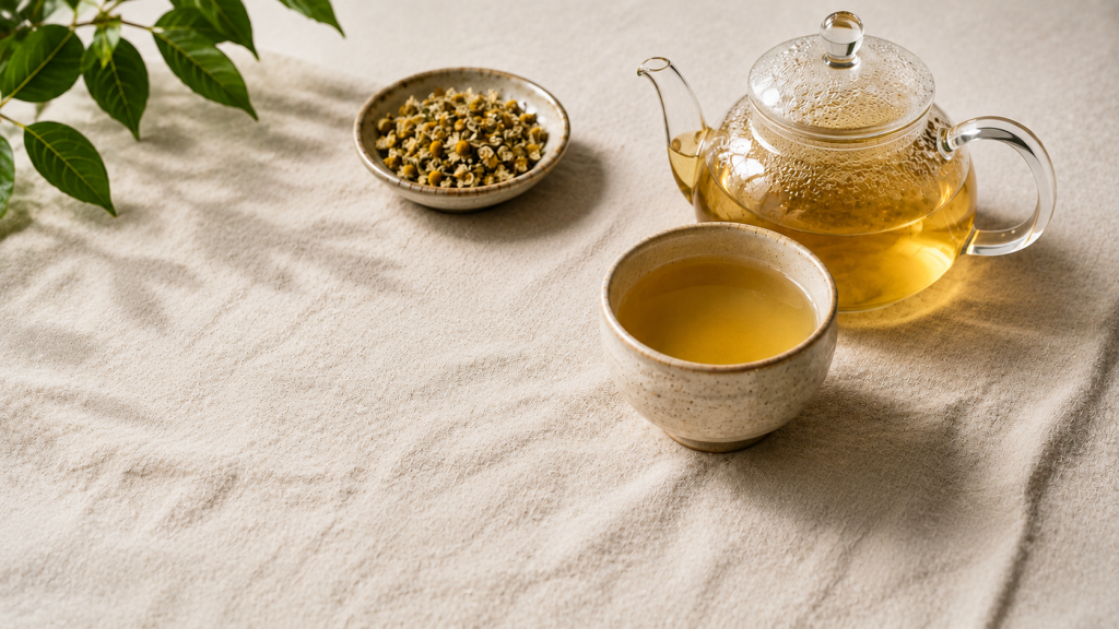 Caffeine-free herbal tea in a glass teapot and ceramic cup with dried chamomile flowers, illustrating a calming herbal tea infusion.